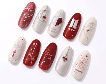 Handmade BTS Nails Box: Red White Arirang Moon Star Fandom Press On Nails