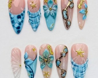 Handmade Luxury Nails Box: Gold Seahorse, Starfish & 3D Blue Floral Nails
