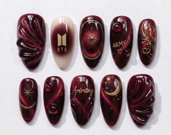 Handmade BTS Nails Box: Luxury Burgundy Gold Arirang Moon Star Press Ons