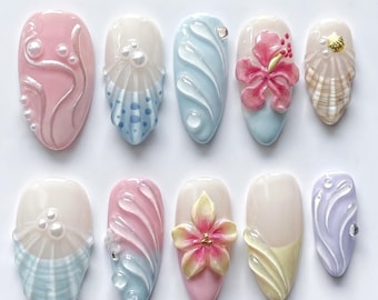 Handmade Pastel Mermaid Nails Box: 3D Hibiscus Flower & Seashell Press Ons