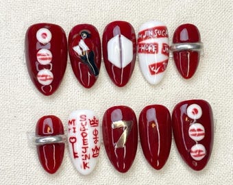 BTS Nails Box: Bold Red Velvet & White Glitter Member Initials Custom Nails