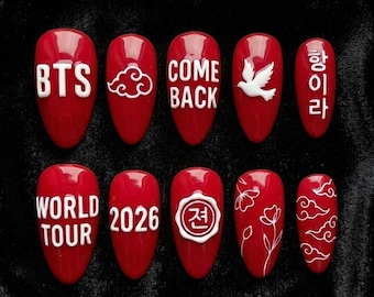 BTS Comeback 2026 Press On Nails: Handmade K-Pop Fan Art Red False Nails