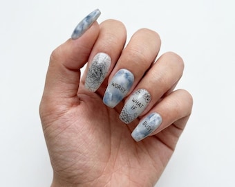 Mental Health Nails Box: Minimalist Blue Smoke Marble & Word Art Nail Set