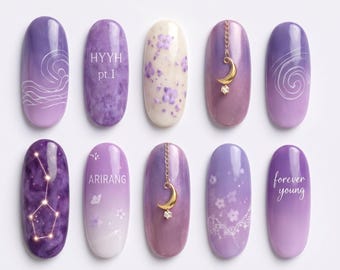 Handgemachte BTS Nails Box: Lila HYYH Forever Young Celestial Moon Press Ons