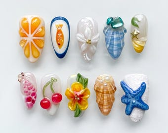 Handmade Summer Nails Box: 3D Fruit, Starfish & Tropical Floral Press Ons