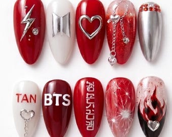 Handmade BTS Nails Box: Rockstar Red & Silver Chrome Chain Press On Nails