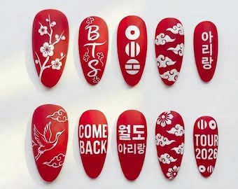 Handmade BTS Nails Box: Red White Come Back Tour 2026 Arirang Press Ons