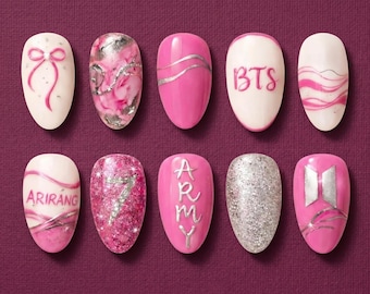 Handmade BTS Nails Box: Pink Silver Arirang Bow Glitter Fandom Press On Nails