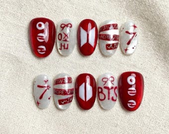 Handmade BTS Nails Box: Red White Sparkle Member Names Logo Press Ons