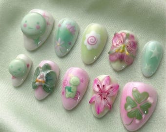 Magic Garden 3D Press-Ons: Fairycore Frog & Floral Gummy Nail Art