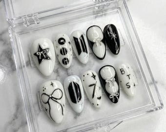 Handmade BTS Nails Box: Black and White Coquette Bow Press On Nails