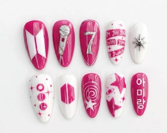 Handmade BTS Nails Box: Pink White Starry Galaxy Microphone Silver Press Ons