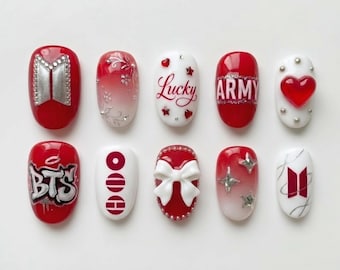 Handmade BTS Nails Box: Red White Lucky Graffiti Star Bow Press On Nails