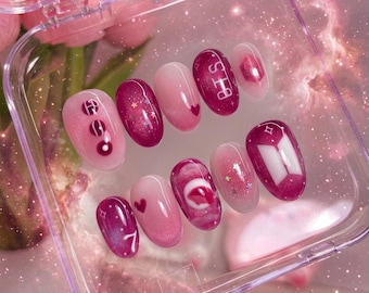 Handmade BTS Nails Box: Galaxy Pink Aura 3D Logo Press On Nails