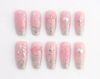 Handmade BTS Nails Box: Soft Pink Glittery Heart Silver Chain Press On Nails