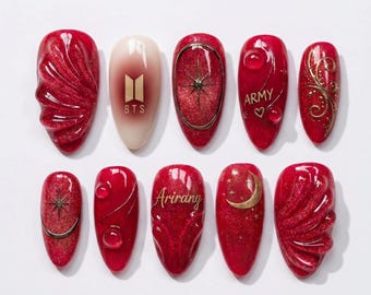 Handmade BTS Nails Box: Sparkling Red Gold Arirang Moon Star Press On Nails