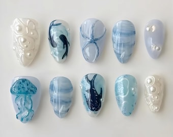 Dusty Blue Ocean Nails Box: Realistic Sea Life & Pearl Shell Press Ons