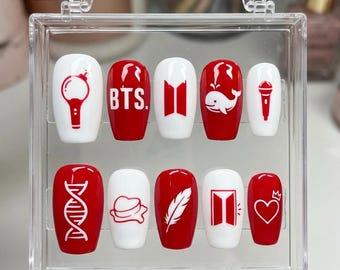 Handmade BTS Nails Box: Red and White DNA Butter Press On Nails