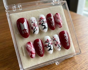 BTS Press On Nails Box: Hand-Painted Floral Art & Red Marble Nails