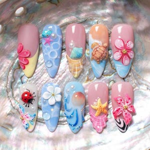 Hand Painted Mermaid Press On Nails Shell Pearl Jellyfish Set