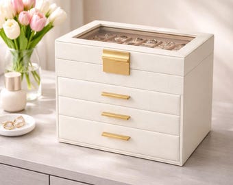 4 Layer Jewelry Box Organizer with Drawers Glass Lid Jewelry Storage Case Large Vanity Organizer
