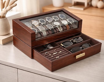 Watch Box Organizer 12 Slot Wooden Case Drawer 2 Layer Storage Holder Men Women