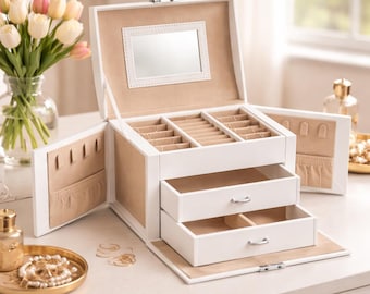 Jewelry Box Organizer 3 Tier Travel Case Handle Drawers Lockable Mirror Storage