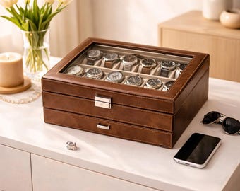 Watch Box 12-Slot, Watch Case with Large Glass Lid, 2-Layer Mens Jewelry Box
