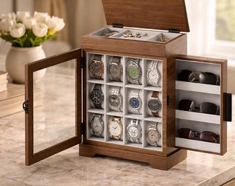 Wood Watch Box Organizer Glass Lid Display Case Sunglasses Storage Jewelry Holder Luxury Gift