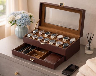 14 Slot Mens Watch Case With Drawer Mens Jewelry Box Storage Holder Organizer