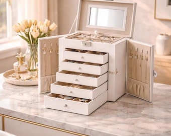 6 Layer Jewelry Box Organizer 5 Drawer Lock Mirror Storage Case Large Capacity