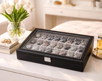 Watch Box Organizer 24 Slot Lockable Storage Case Glass Lid Display Holder