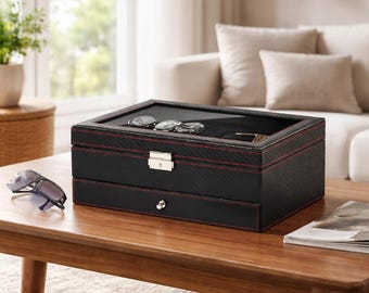 Watch Jewelry Box Organizer 6 Slot 2 Layer Case Sunglasses Storage Glass Lid Lockable