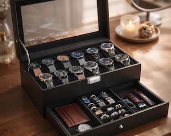 12 Slot Watch Box Organizer with Glass Lid, Lockable Display Case