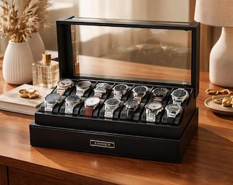 Watch Display Box with Glass Lid 2-Layer Watch Holder for Jewelry and Watch Storage