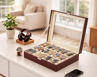 18 Slot Watch Display Case With Glass Lid Watch Box Organizer