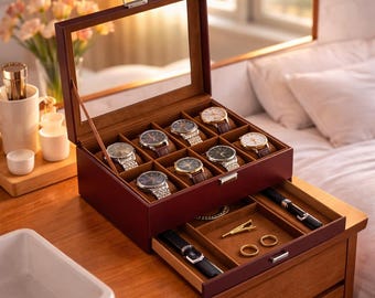 8 Slot Watch Box with Drawer, Glass Lid Jewelry Organizer Storage Holder