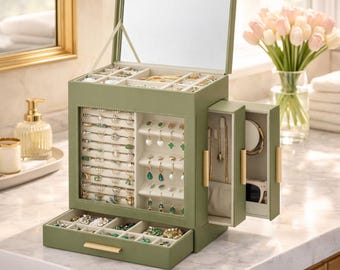 Jewelry Box with Glass Window, 5-Layer Jewelry Organizer with 3 Side Drawers