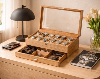 12 Slot Leather Watch Box Valet Drawer Luxury Watch Case Display Organizer Storage