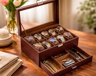 10 Slot Watch Display Case Drawer Glass Lid Two Layer Jewelry Organizer Storage