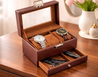 3 Slot Watches Display Case with Drawer, Mens Watch Case with Glass Lid
