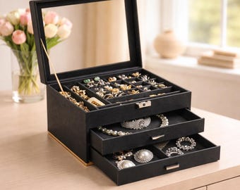 Jewelry Box Organizer Lockable Storage Case Glass Window Rings Earrings Necklace Bracelet