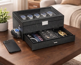 High-End Watch Case, 12-Slot Wooden Watch Box with Valet Drawer, 2-Layer Watch Organizer Watch Display Case for Jewelry