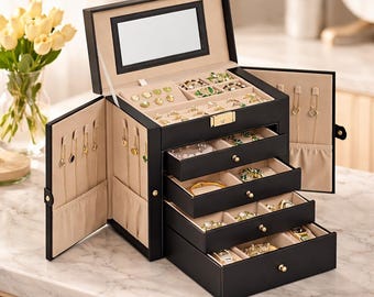 5-Layer Jewelry Box Organizer, Storage Case with Drawers, Lock, Mirror