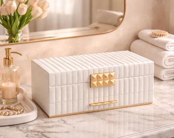 Jewelry Box with Mirror Organizer Drawer PU Leather Storage Case Stitching Design Display