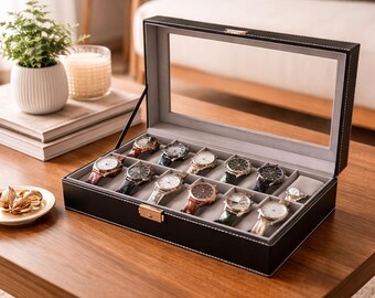 Leather Watch Box Organizer Glass Top Display Case Large Storage Holder Luxury Gift