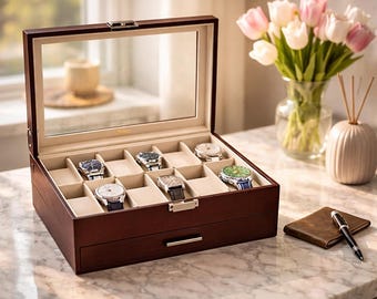 Jewelry Box Organizer 12 Slot Watch Case Glass Top Display Holder Storage