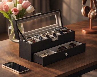 6-Slot Watch Box Organizer with Glass Lid and Drawer - Lockable Storage Case
