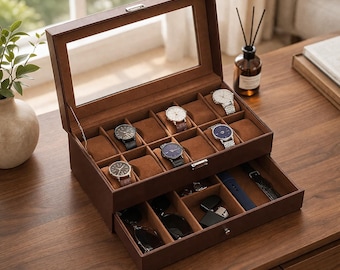 12 Slot Watch Box Mens Watch Case with Drawer Jewelry Storage Organizer Display Case