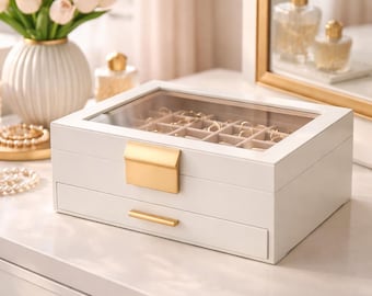 Jewelry Box Organizer 2 Layer Storage Drawer Glass Lid Display Case with Hardware
